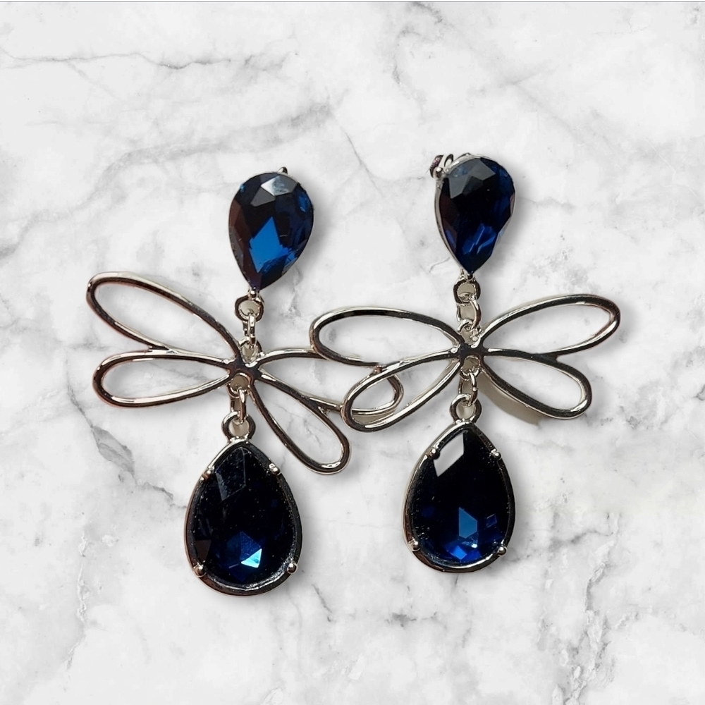Nwt Nadine West Dragonfly Sapphire Teardrop Rhinestone Earrings ~2